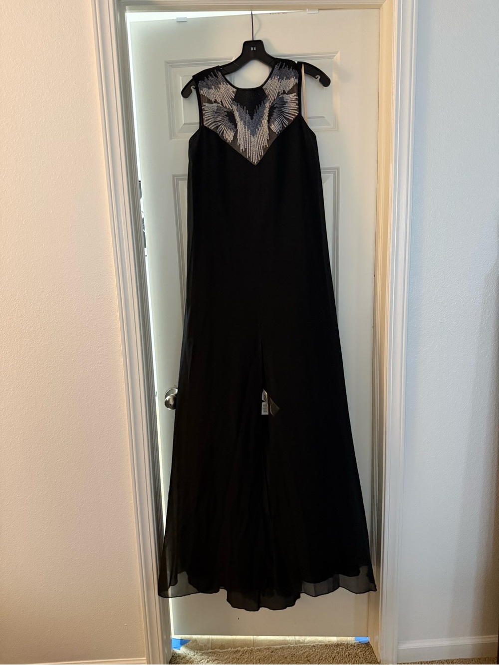 BCBGMaxAzria Black Maxi Dress with Beaded Silver Illusion Yoke